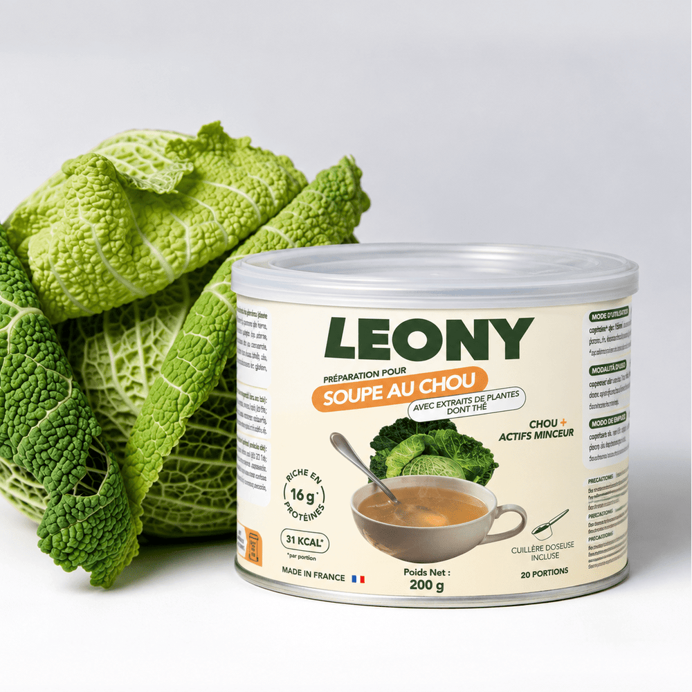 Pot de soupe au chou LEONY à côté d'un chou frisé - Mincidelice